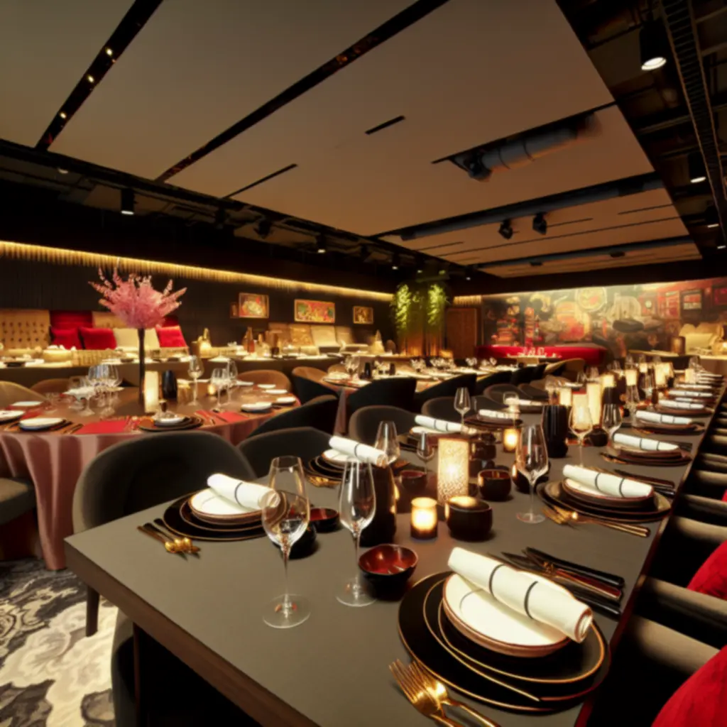 Nastrojowa sala Glamour Dine House z elegancko nakrytymi stolikami, złotymi akcentami i głębokimi czerwieniami.