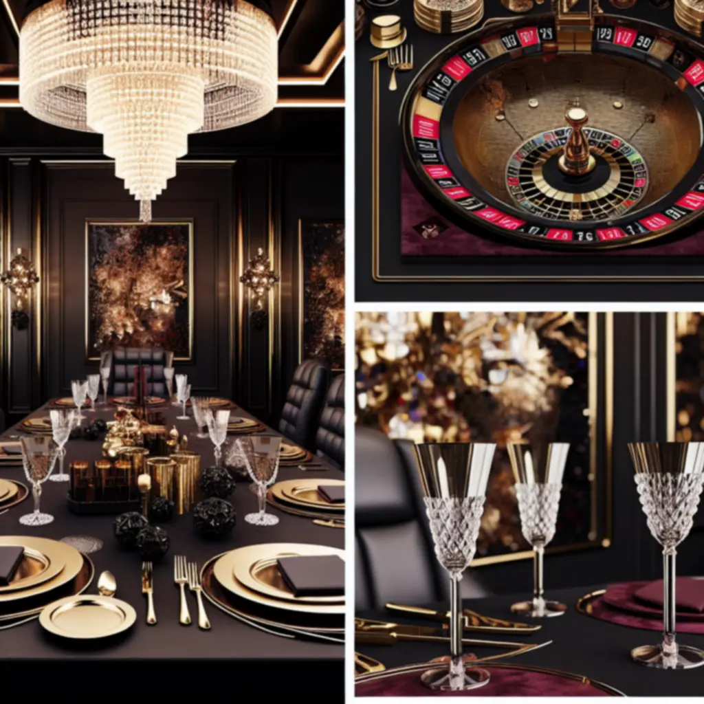 Luksusowa sala restauracyjna Glamour Dine House w czerni, złocie i głębokiej czerwieni