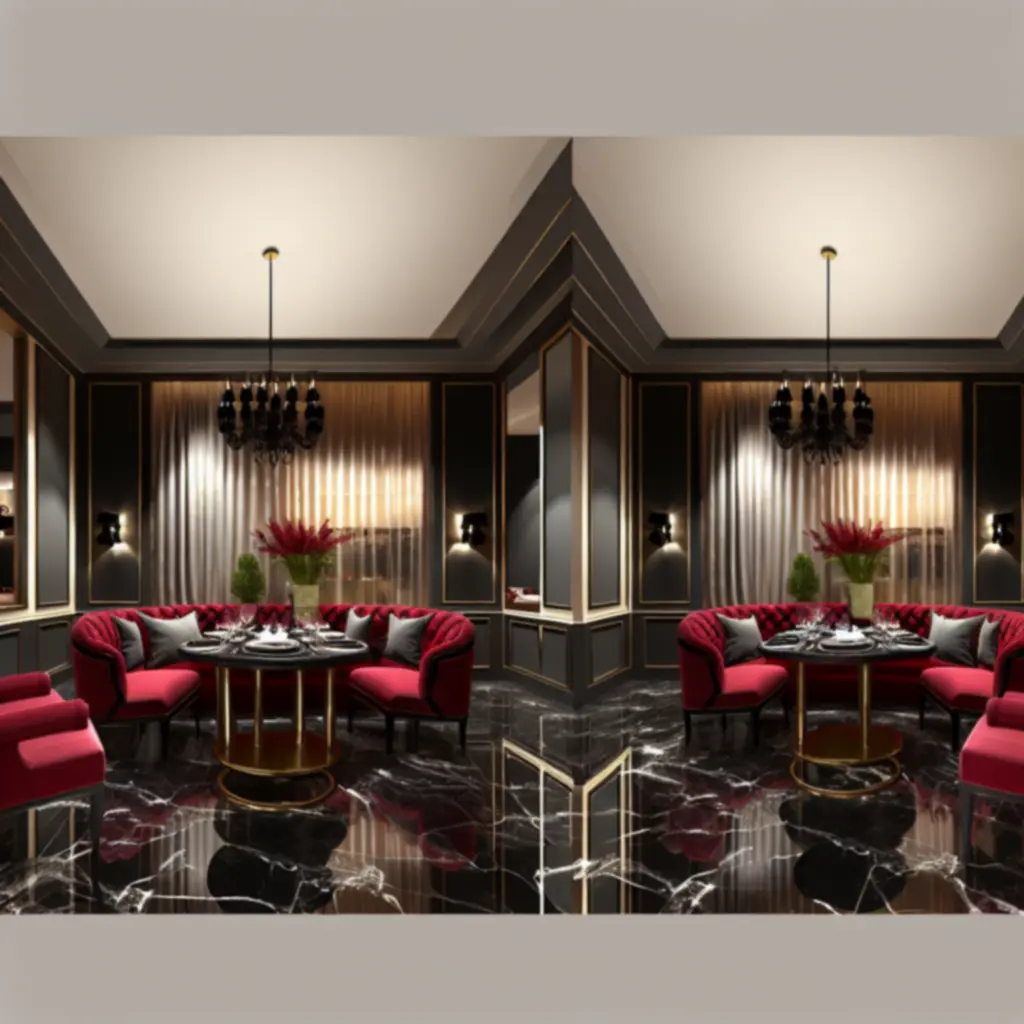 Nowoczesne, eleganckie wnętrze restauracji ze złotymi akcentami i czerwonymi detalami.