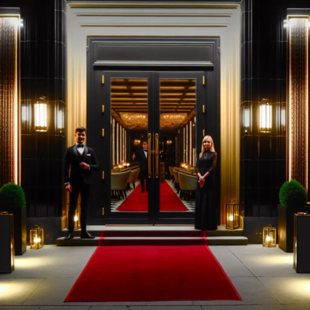 Glamour Dine House – luksusowe wejście z czerwonym dywanem i złotymi detalami.