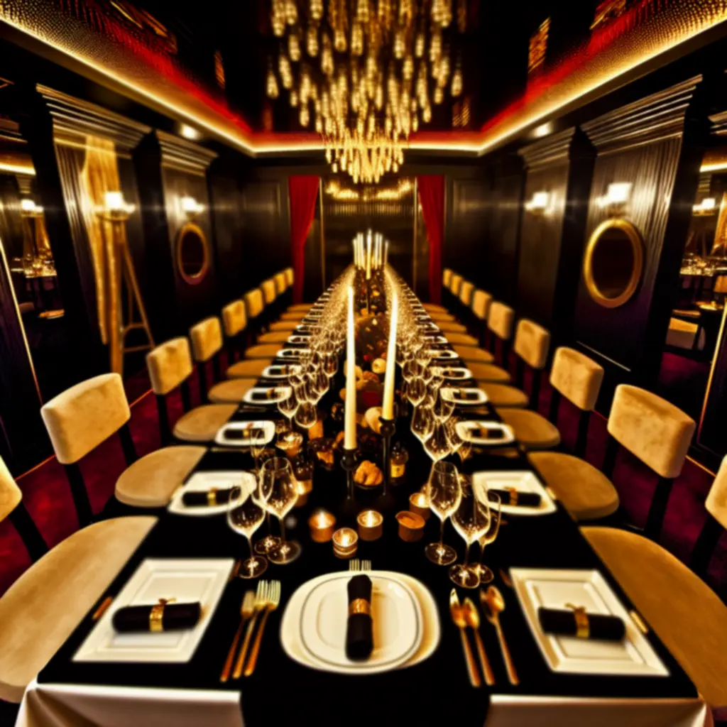 Elegancko przygotowane prywatne przyjęcie w Glamour Dine House z nastrojowym oświetleniem i dekoracjami.