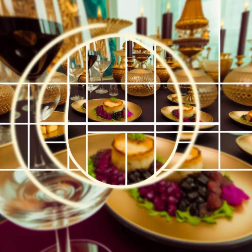 Elegancko podane dania degustacyjne w złoto-czerwonej aranżacji.